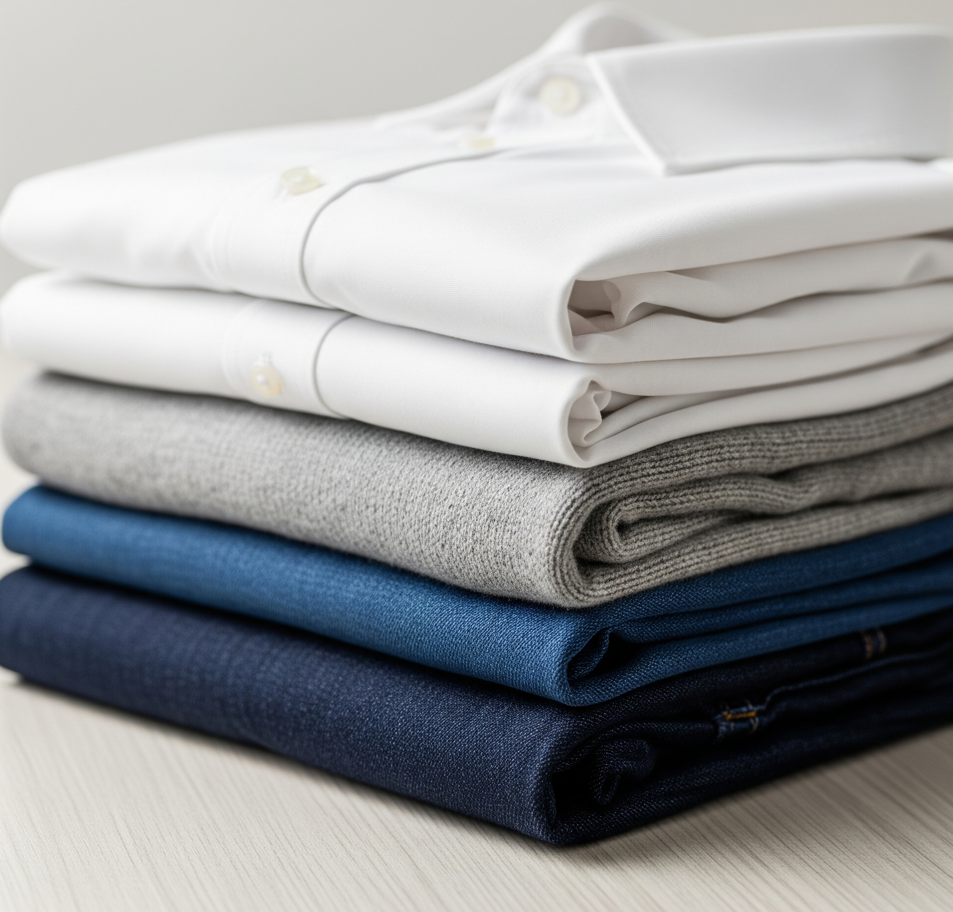 A Clean, Bright, Close Up Shot Of A Stack Of Perfectly Folded Clothes